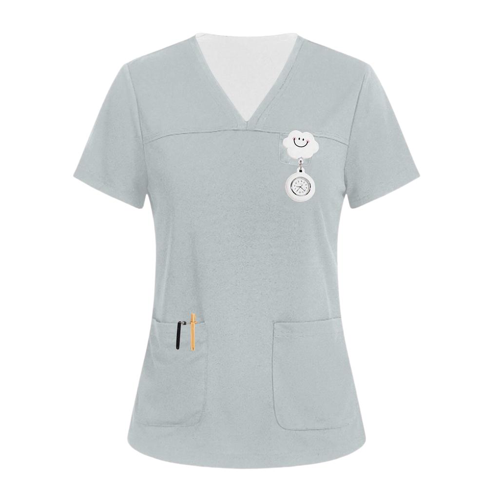 Damen V-Ausschnitt Drei-Taschen Kurzarm Uniform/Pflegekraft Oberteil Mit Schlitzen Am Saum