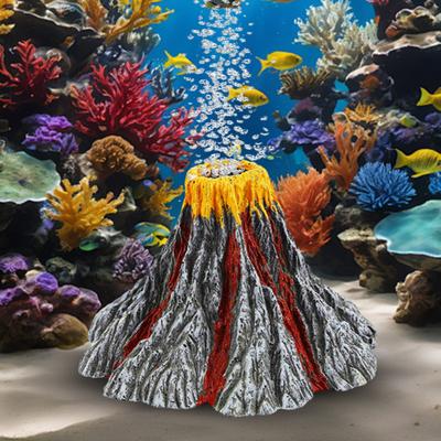 Aquarium Volcano Ornament Kit Mini Volcano with Air Stone Bubbler LED Spotlight Pump Miniature Resin Volcano for Fish Tank Decoration