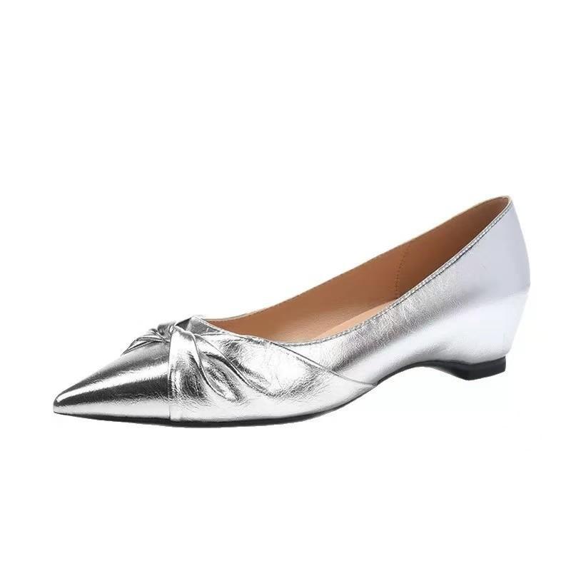 French Temperament Silver Kink Evening Shoes Women's Pointed Head Shallow Mouth Inner Height Increase Single Shoes Wedge Heel Flat Shoes Versatile La