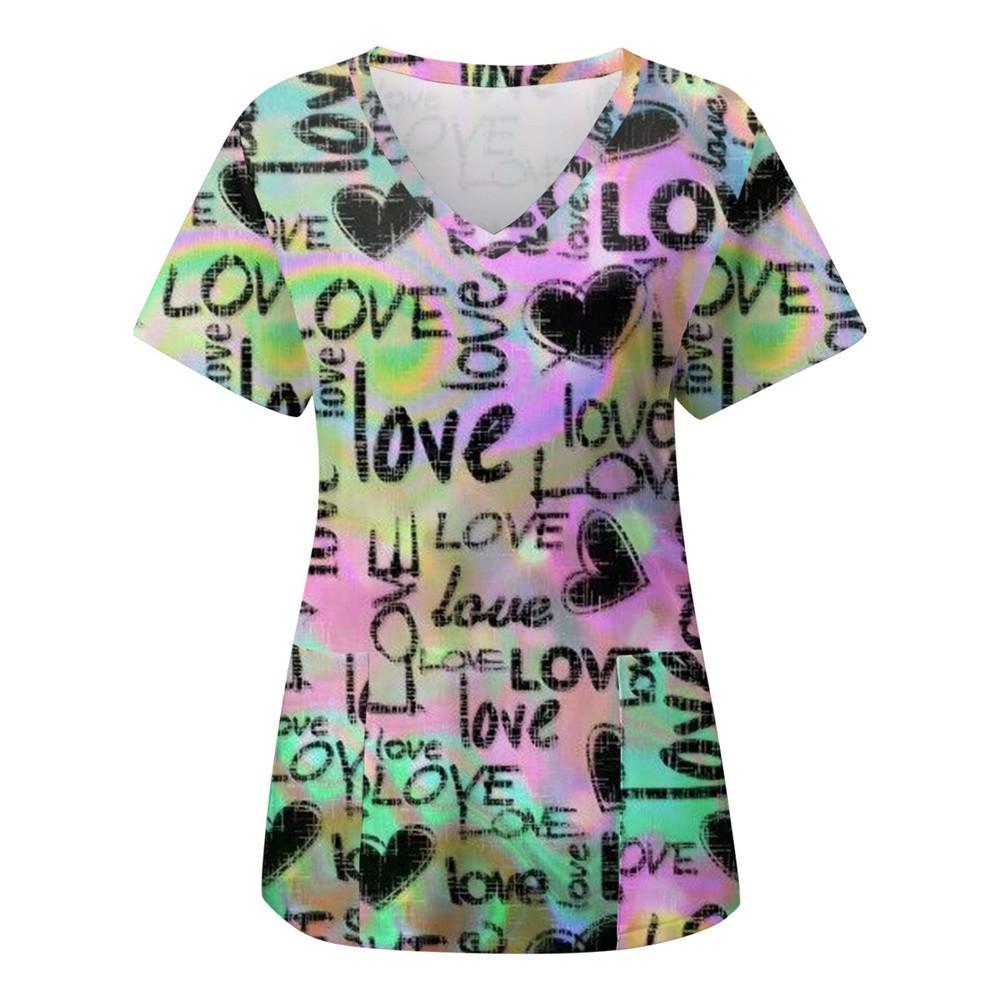 Women's T-shirt V-neck Nurse Uniform Casual Short Sleeved Women's Printed Heart T-shirt