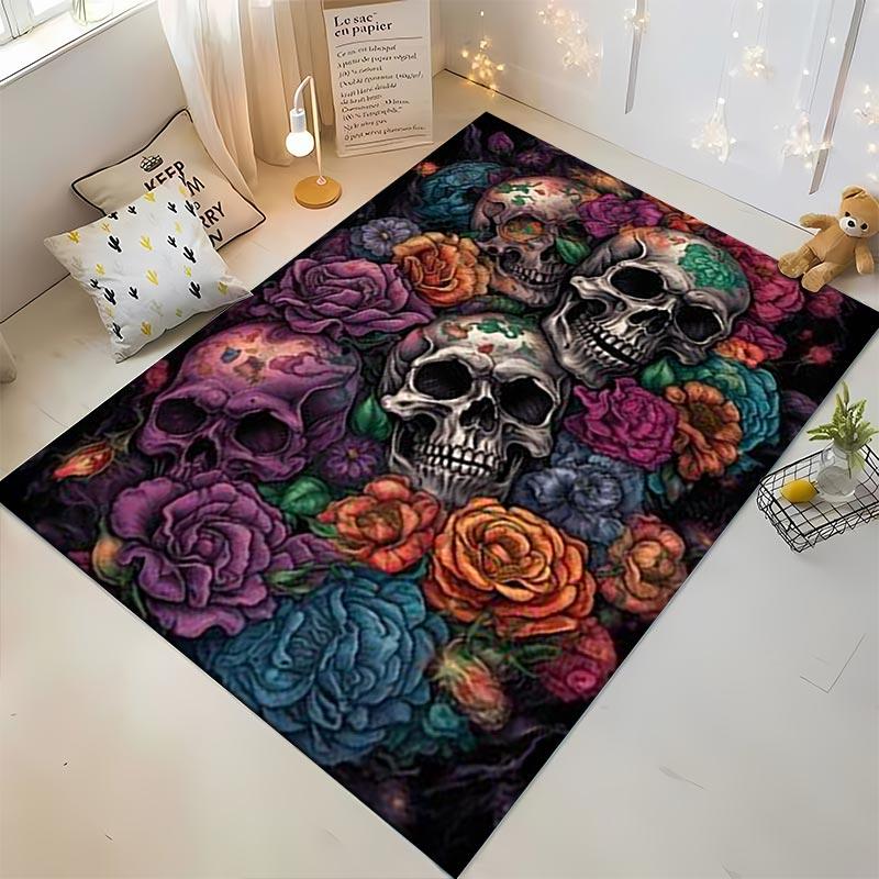 Colorful Skull and Floral Pattern Carpet for Living Room Decor Suitable for use as an anti-slip for living room bedroom sofas
