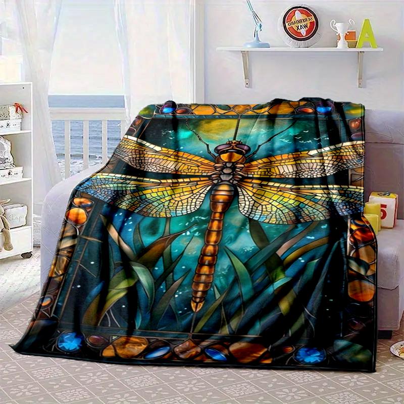 Stained Glass Dragonfly Garden Blanket Flannel Blanket for bed, sofa, Camping, Hiking, Picnic Essentials, gift for family Fan gifts