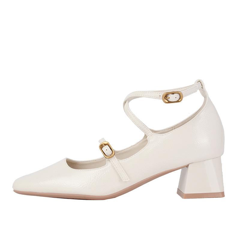Soft Sheepskin Square Head Thick Heel Single Shoes Women's Medium Heel Retro Mary Jane Shoes Cross One-word Buckle Spring and Autumn