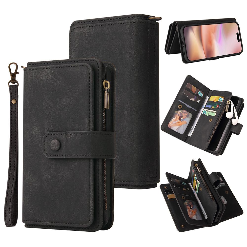 

For iPhone 16 Plus Zipper Wallet Case with 15 Card Slots and Strap Leather Phone Cover Black