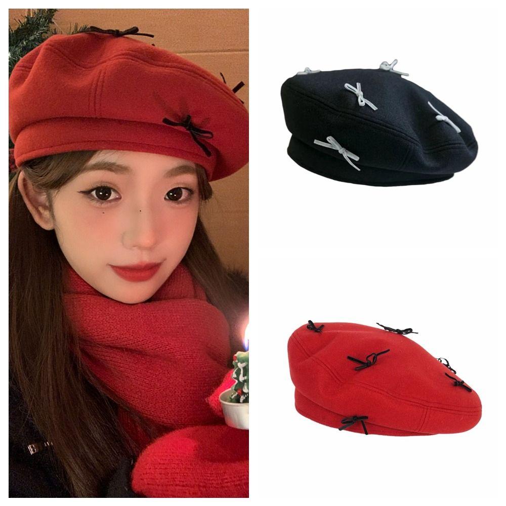 

Solid color Painter Hat Harajuku Women Octagonal Cap Retro Bow Beret Hat Autumn