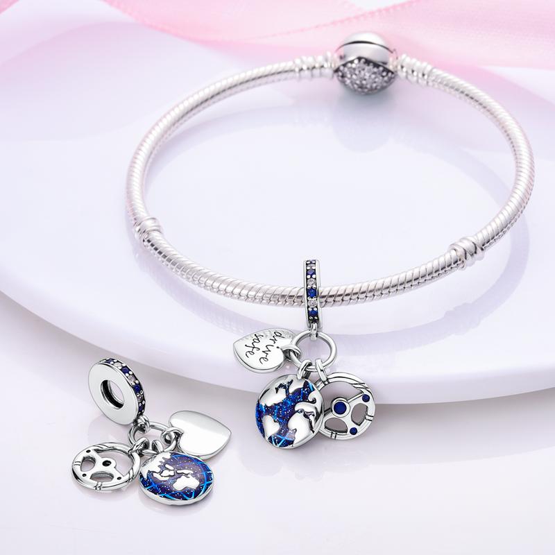 Charms Copper Blue Sky Safe Travel Heart Pendants Fit Charms Plata Original Bracelet Beads Women Jewellery Making Gifts