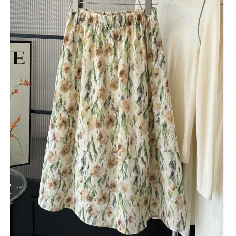 Qooth Sweet Pleated Floral Maxi Skirt with Pockets Full Flared Hem QT2905