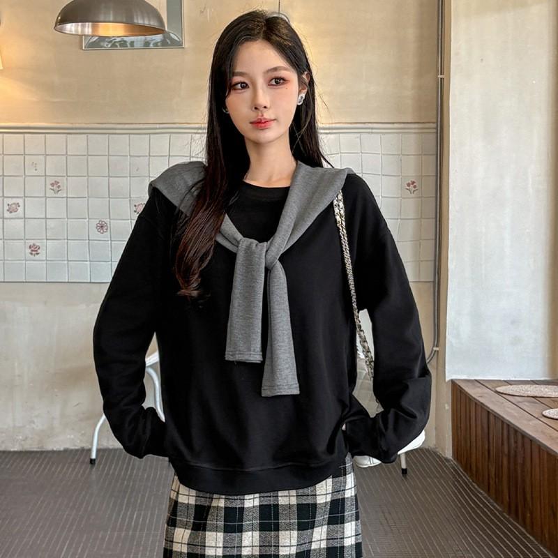 Damen Lockere Passform Rundhalsausschnitt Sweatshirt Langarm Einfarbig Lässiges Oberteil Herbst Winter