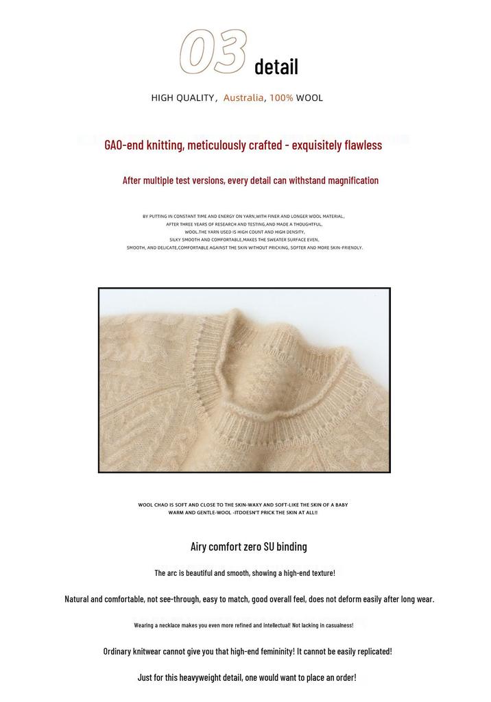 2025 A/W Women's Pure Wool Cable Knit Pullover: Round Neck, Rolled Hem, Seven-Stitch, Thickened Long Sleeve Sweater.