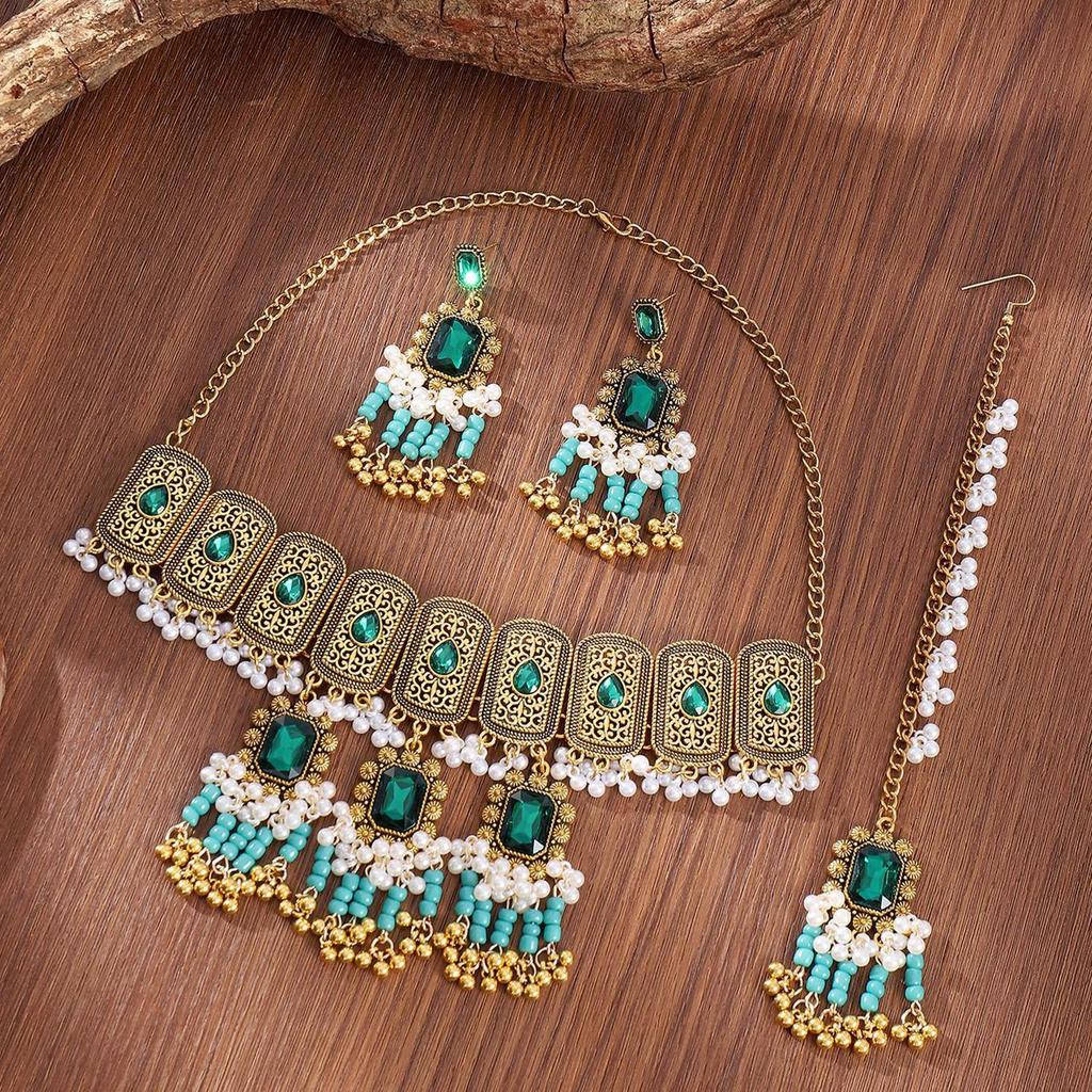 Indian Bridal Jewelry Set Choker Necklace Jhumka Earrings Maang Tikka Vintage Crystal Beads Bohemian Ethnic Women Wedding Costume Accessories