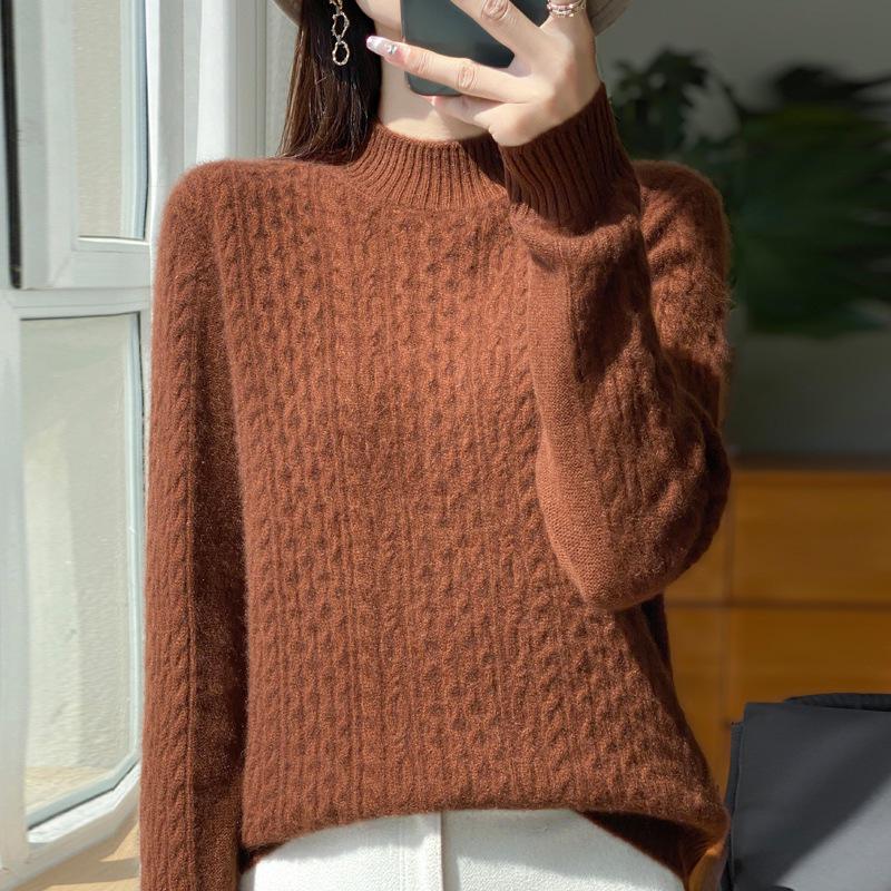 Thick Cable Knit Half-High Neck Wool Pullover Sweater