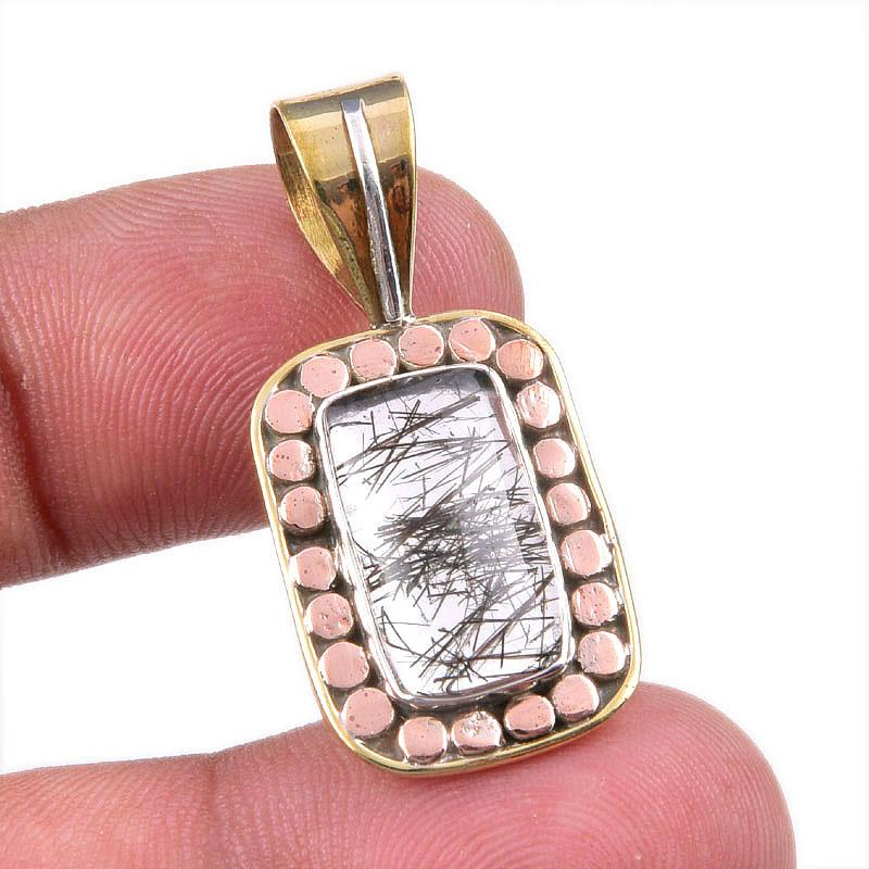 

Natural Black Rutile 925 Solid Sterling Silver TwoTone Gift Pendant 1.50 k7L91