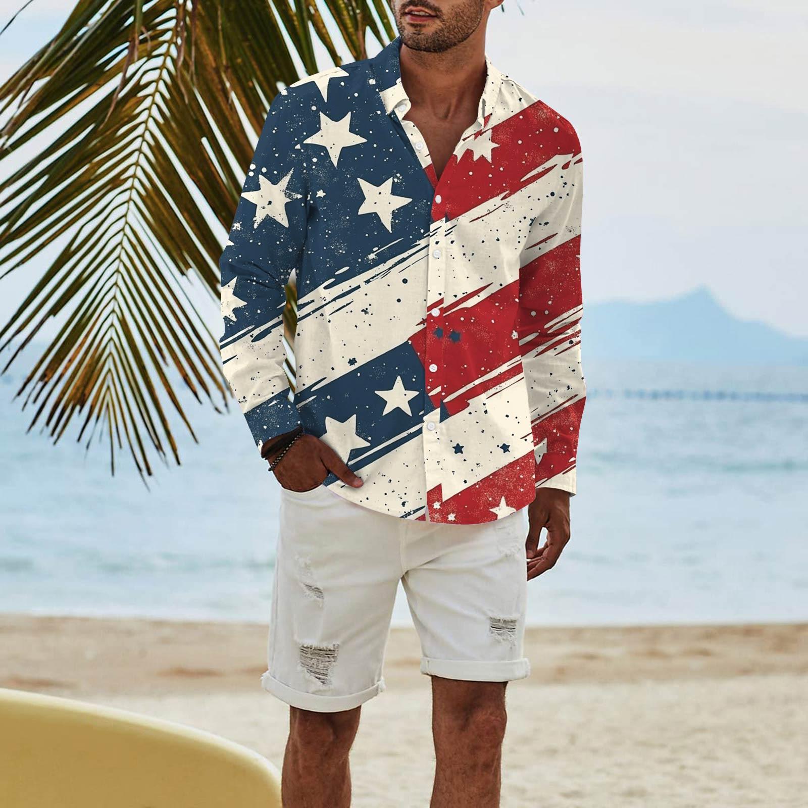 

Мужская модная повседневная футболка с длинным рукавом и принтом «День независимости» на пуговицах, рубашка обычного кроя XXL бежевый