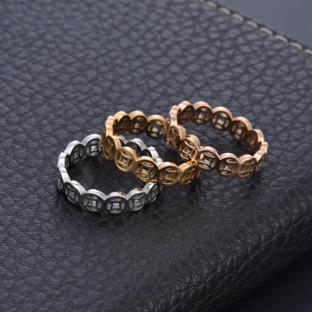 Fashion Women Hollow Coin Ring Titanium Steel 18K Gold Plated Money Luck Jewelry Gift