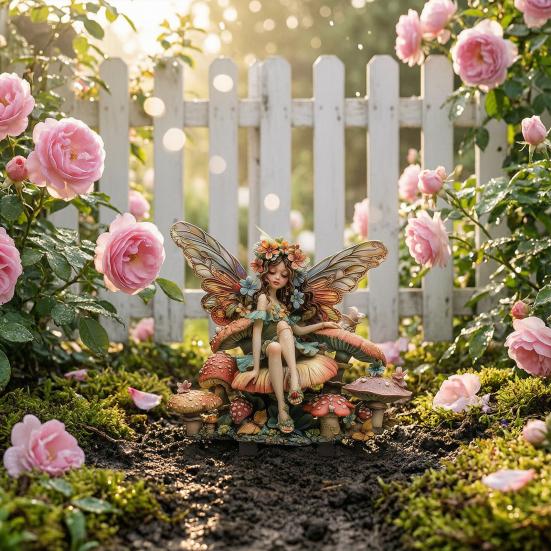 Fairy Sitting On Mushroom Garden Decor, Acrylic Elf Garden Sign with Ground Stake, Decorative Fairy Garden Stake for Outdoor Yard Lawn Patio