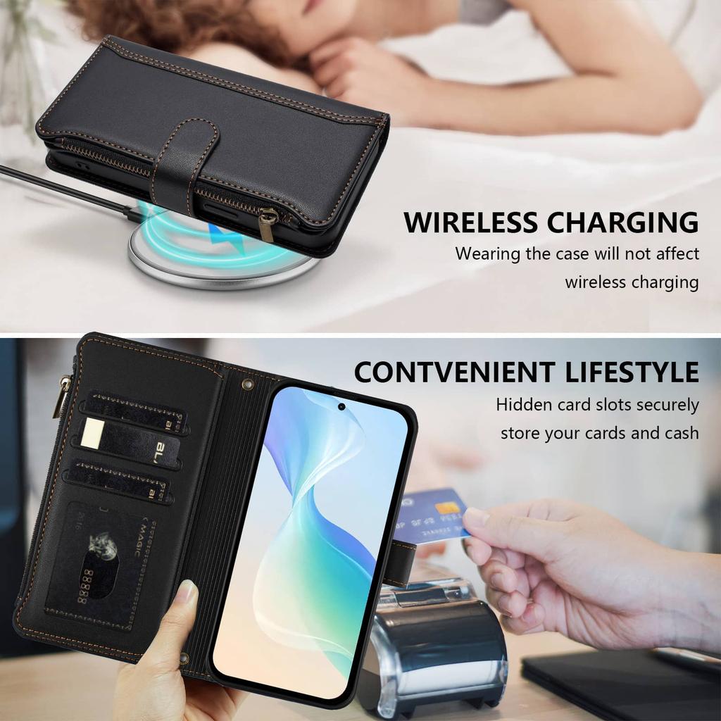 For Google Pixel 9 Pro XL 8 7 6 Pro 5 4A 5G Wallet Case, RFID Blocking Case Kickstand Flip Cover Wrist Strap Zipper Card Holder