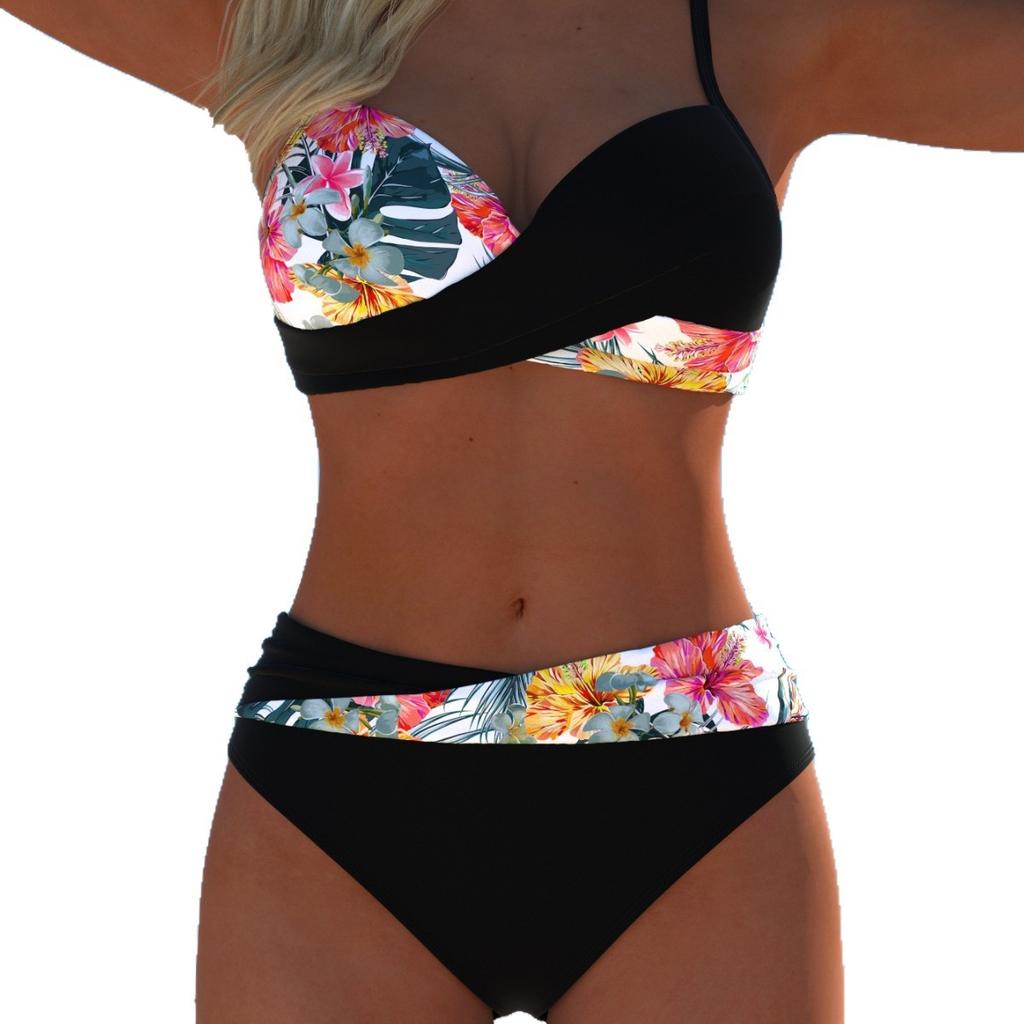 11 new European and American printed split swimsuit women's beach hot spring sexy swimsuit contrasting color screw bag