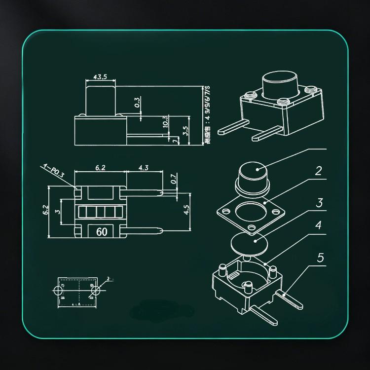 High-Temp Resistant 6x6 Tactile Switch with Side Two-Corner Vertical Button, 6*6*4/4.3~15H, Eco-Friendly