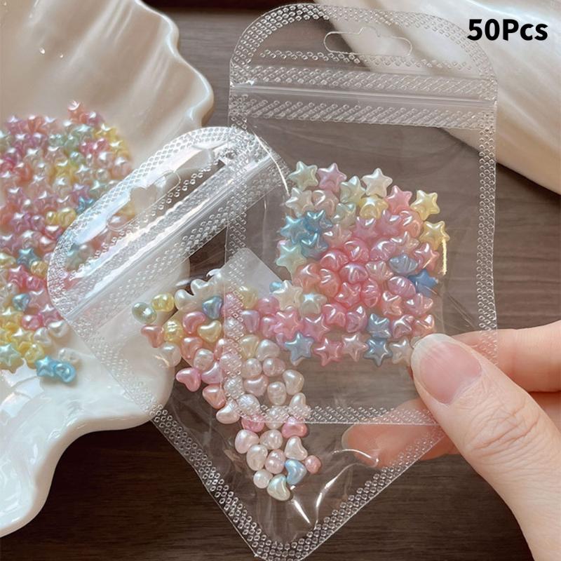 50Pcs Kawaii Star Heart Nail 3D Pearlescent Colorful Peach Heart Star Nail Charms Cute Nail Decoration