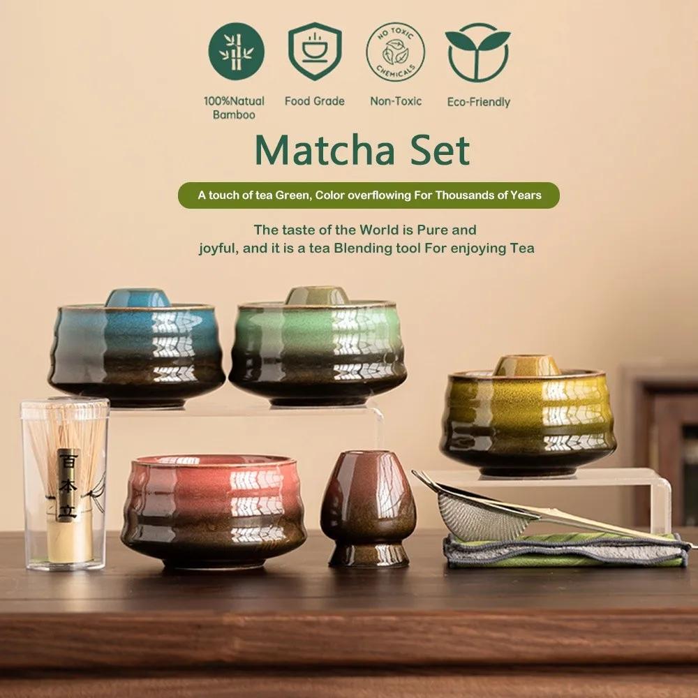 4PCS Ceramic Bamboo Japanese Matcha Tea Set Matcha Bowl Matcha Whisk Holder Matcha Making Kit Reusable Whisk Teaspoon Tea Sets