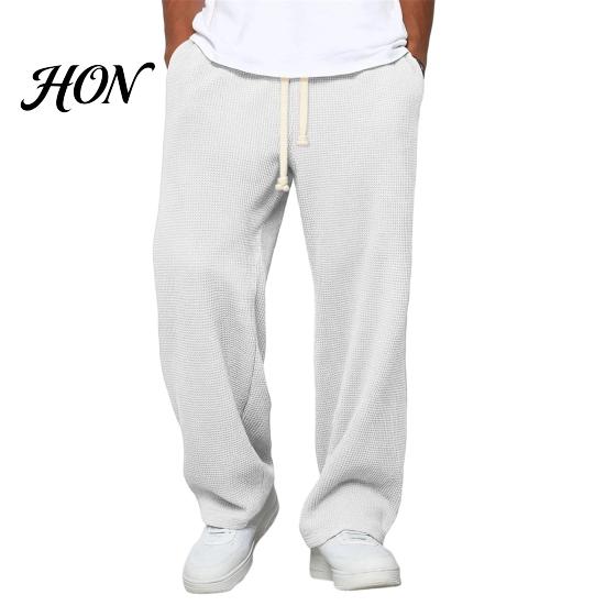 Versatile Outdoor Activewear Men Waffle Baggy Trousers, Wide Leg Drawstring Waist Slacks, Loose Fit Relaxed Travel Pants Casual Sweatpants with