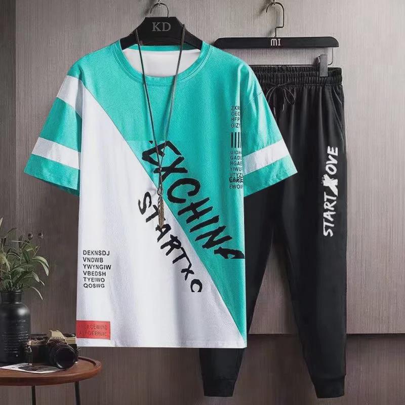 Costum de vară la modă pentru bărbați 2024: Tricou cu mânecă scurtă și pantaloni largi