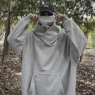 Męska bluza z kapturem w stylu hip-hopowym z wysokim kołnierzem - amerykańska modna marka, luźny krój na wiosnę i jesień