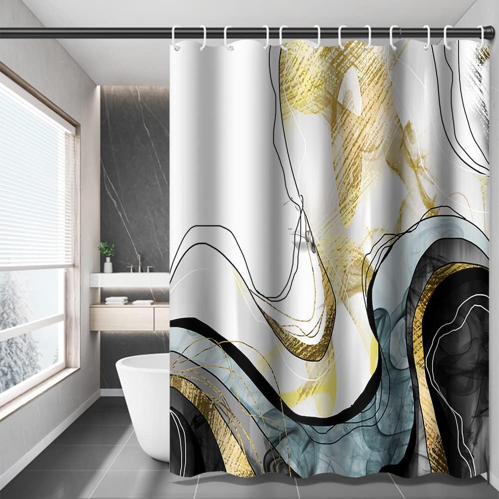 Abstract Marble Shower Curtain Gold Black Luxury Shower Curtain for Bathroom Set Modern Watercolor Texture Ink Painting Luxury