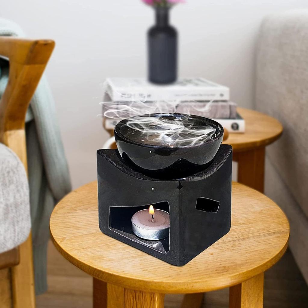 Ceramic Clay Candle Operated Aroma Burner Oil Diffuser, Extra Large Bowl, with 1 Tealight, 4.25 Inch, (Black)