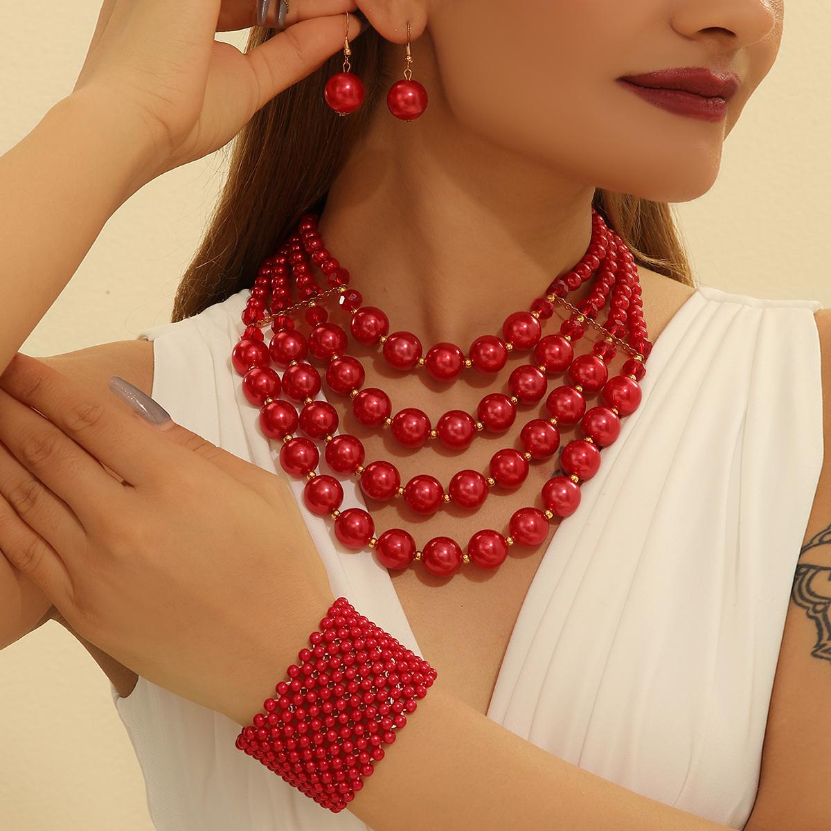 Wedding Jewelry Set Fashion Elegant Crystal Imitation Pearl Multi-layer Handmade Beaded Bib Necklace Earrings Bracelet For Women красный