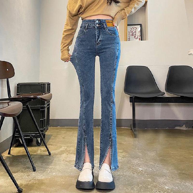 Korean Style High Waist Slit Jeans for Women - Autumn/Winter Slim Fit, Double Button, Elastic Flared Wide Leg Trousers