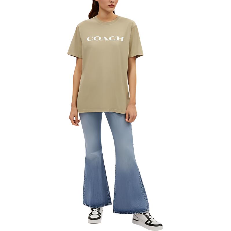 Coach Logo Letter Print Casual Round Neck Short Sleeve T-Shirt Women Tops Gray-Green CR035-NI1