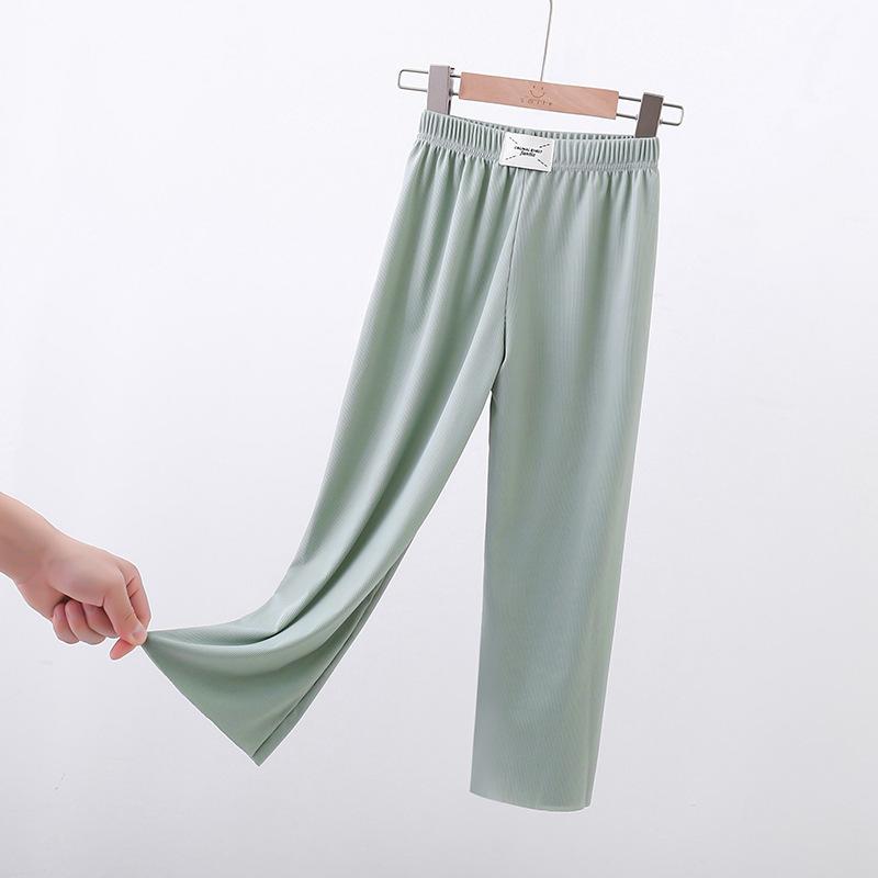 Summer Ice Silk Girls Panst Kids Casual Solid Trousers Children Clothes Mid Elastic Waist Drawstring Wide Leg Pants