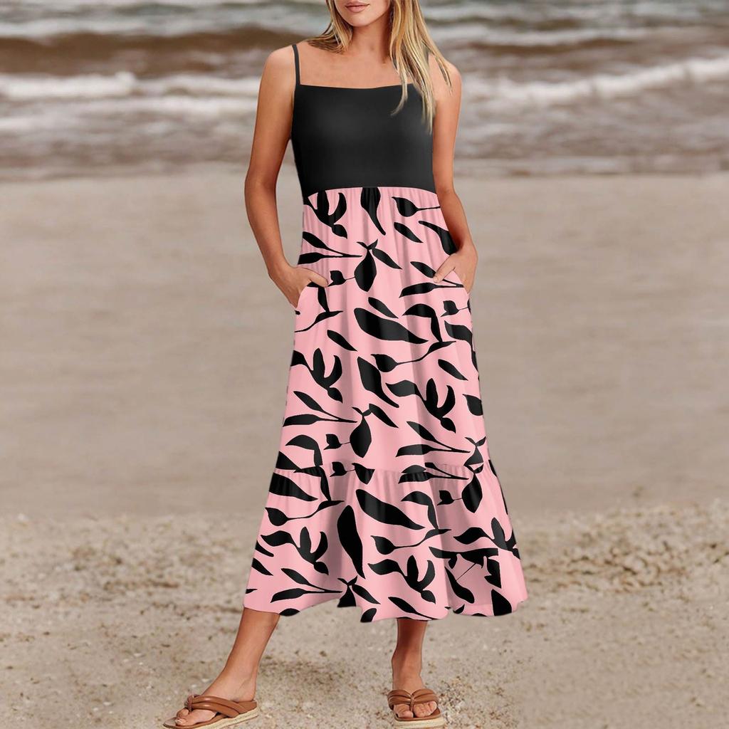 Women's Summer Spaghetti Strap Patchwork Beach Vacation Floral With Pocket Dresses