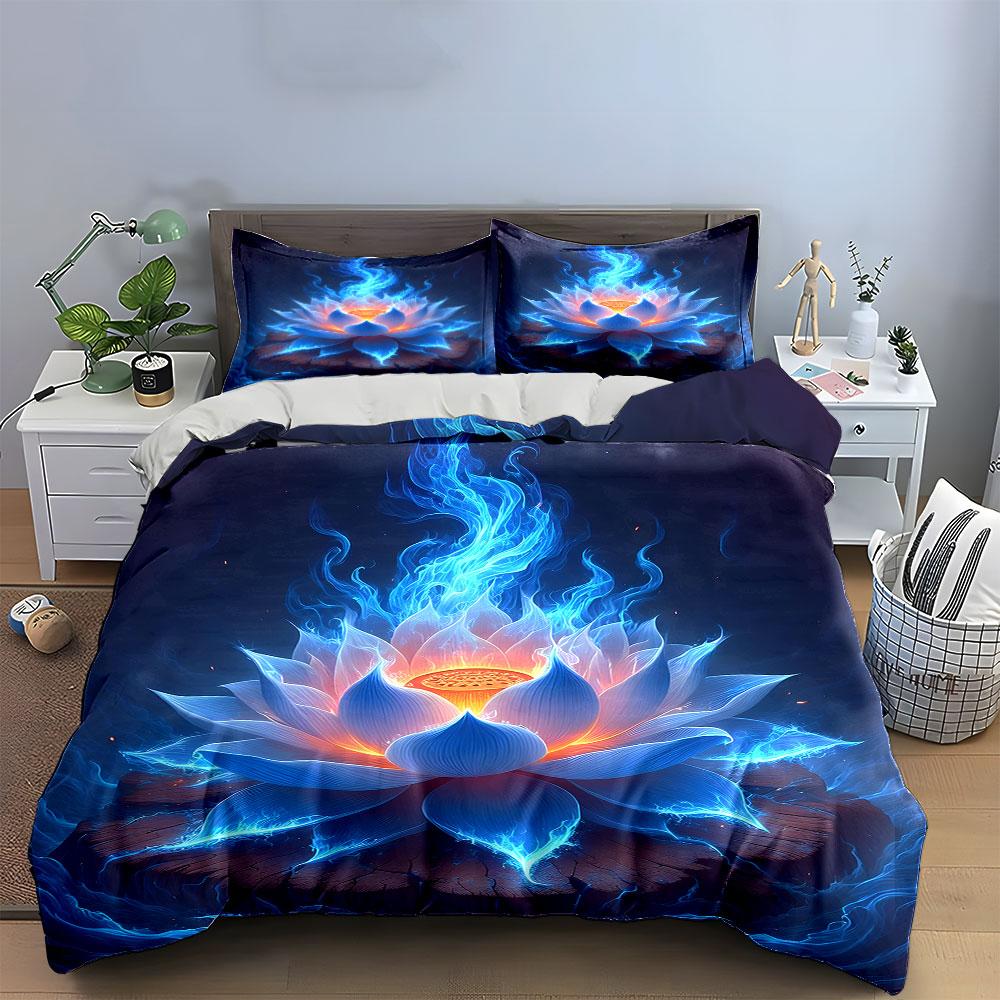 "Glowing Blue Lotus on Wooden Base" Print Bedding Set Duvet Cover Pillowcases (1* Duvet Cover 2* Pillowcases Do Not Include Comforter)