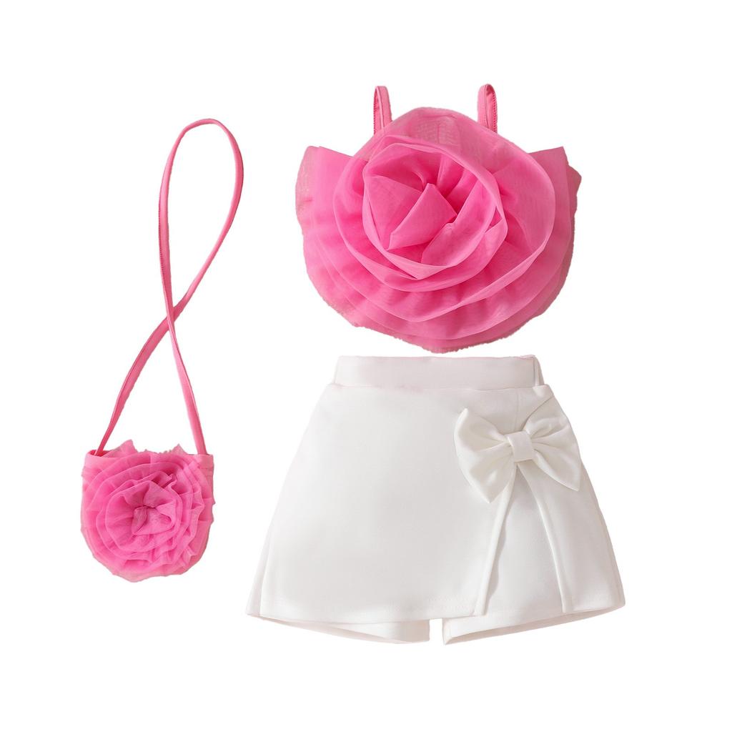 Summer Girls Three-dimensional Flower Suspender Bow Short Skirt Small Bag Set