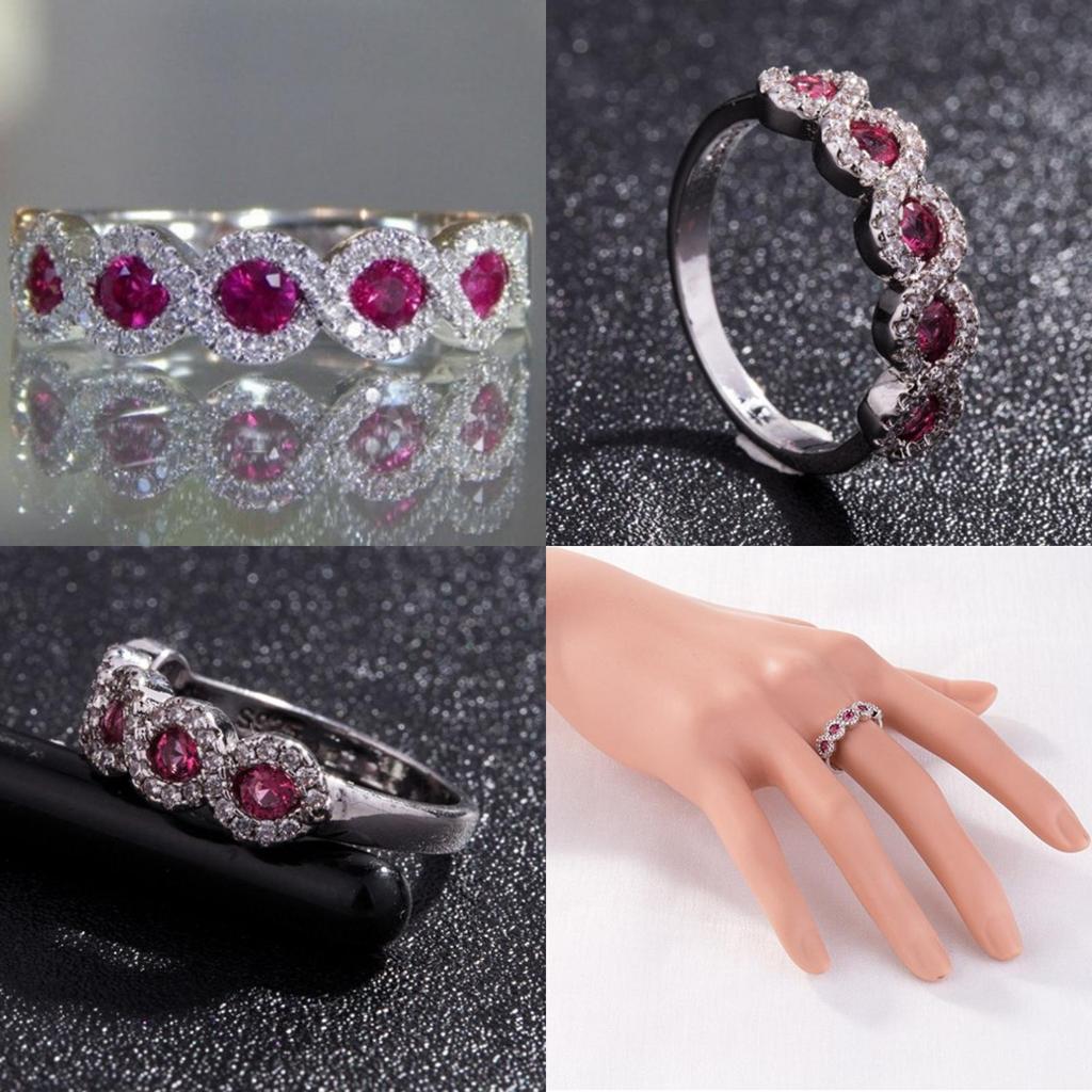 Elegant Ruby Right Hand Ring With Silver Eternal Bridal Wedding Band