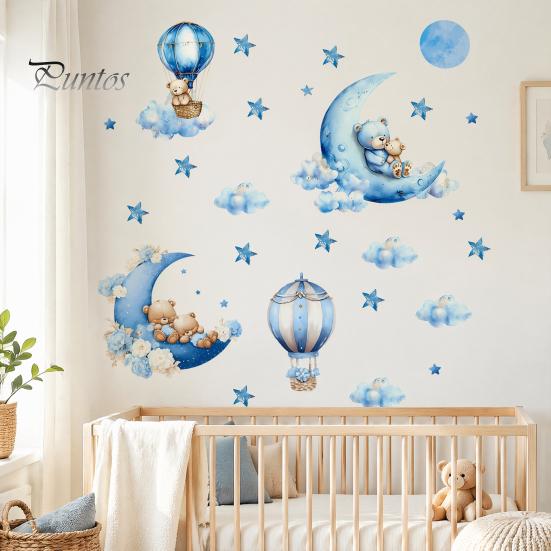 Non Fading PVC Wall Stickers 2Pcs Starry Sky Bear Stickers, Cartoon Moon Hot Air Balloon Decals, Versatile Decals for Glass Blue Peel And Stick