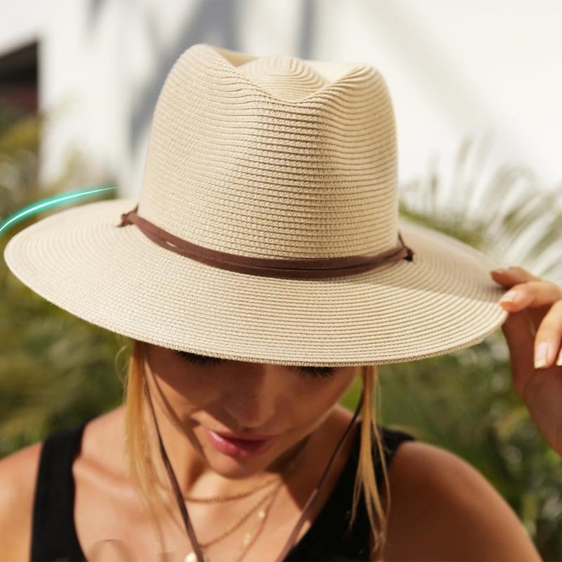 Breathable Paper Straw Panama Hat with Adjustable Chin Strap and Wide Brims Sun Protections for Women Vacation and Trip