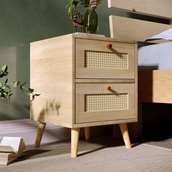 Modern Nightstand Side Table with 2 Drawers Rattan Front Oak Grain Solid Wood Legs Bedroom Small Spaces Bedside Table Natural Square Accent Table