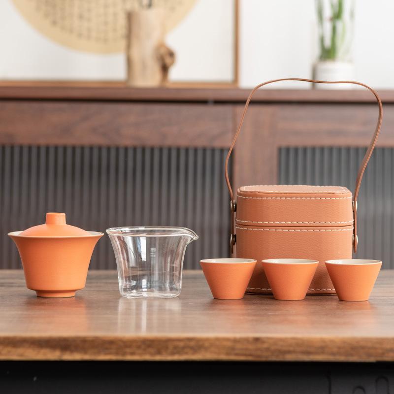 Light Luxury Travel Tea Set Cover Bowl Kuaike Three Cups Outdoor Portable Handbag High-end Ceramic Glass Tea Maker Gift