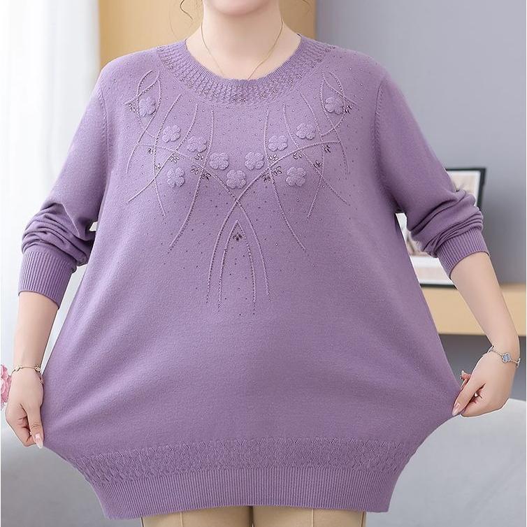 Women's Loose Plus-Size Sweater Autumn and Winter Crew Neck Printed Knitwear Soft and Skin-Friendly Stretch Pullover Top