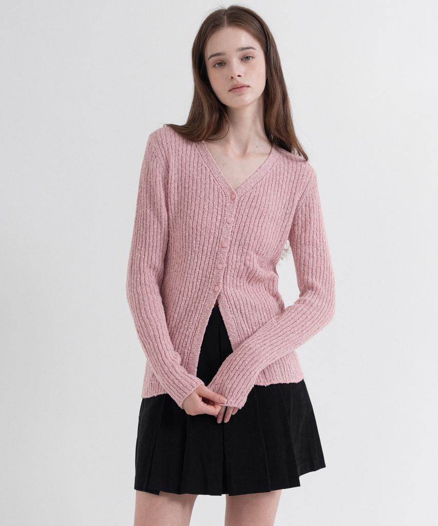 Vleti V-Neck Ribbed Slim Knit Cardigan (Indi Pink)
