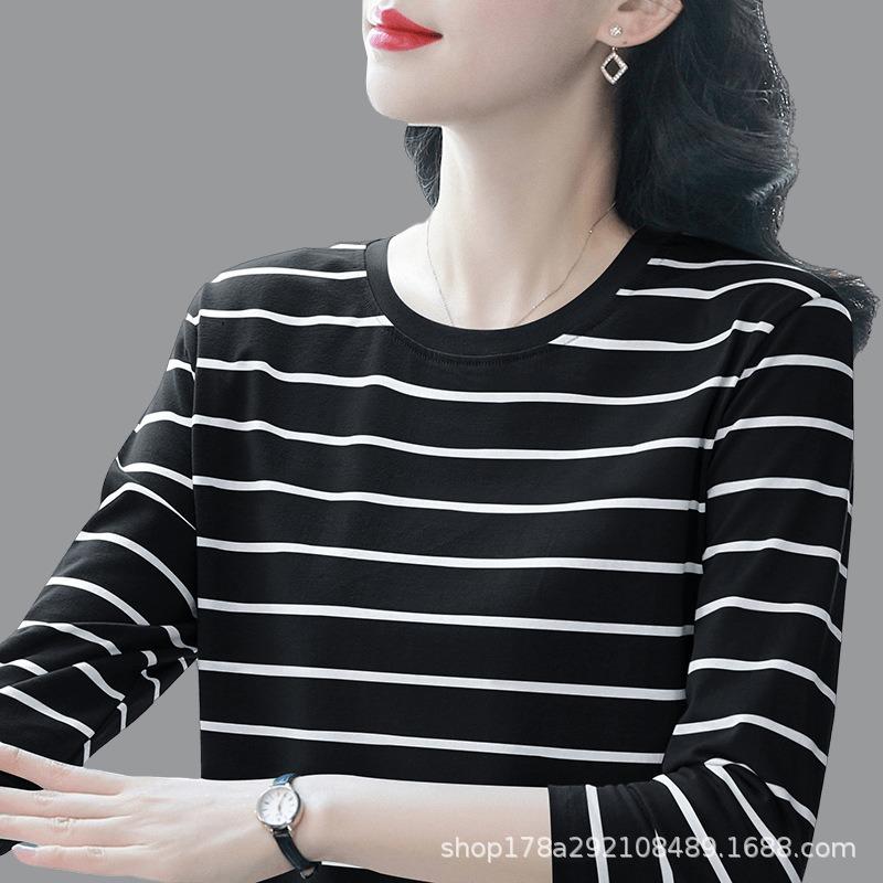 T-shirt de base en pur coton, Vêtements de printemps pour femmes d'âge moyen à manches longues, Nouveaux vêtements d'automne, Hauts amples grande taille
