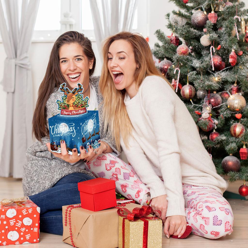 Christmas Theme Gift Box With Deep Blue Reindeer Design For Holiday Party Decor