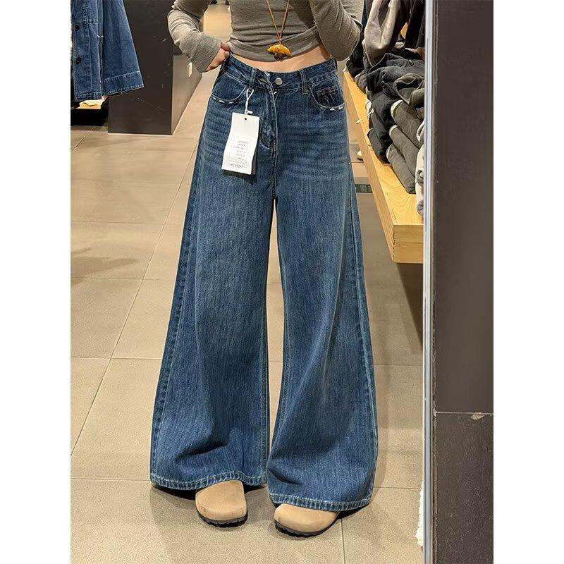 American retro blue jeans women's autumn and winter new large size high waist loose and thin wide leg straight pants