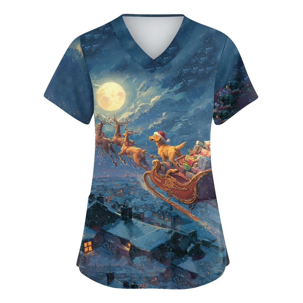 Women's Cute Bow Printed Work Clothes V-neck Double Layer Pockets Basic Short Sleeve Top Pullover