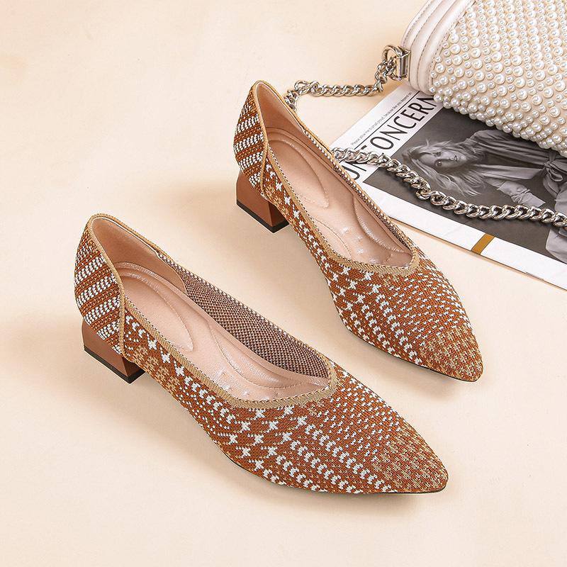 Spring and Autumn New Weaving Fly Knitting Breathable Sleeve Pointed Women's Thick High Heel Single Shoes