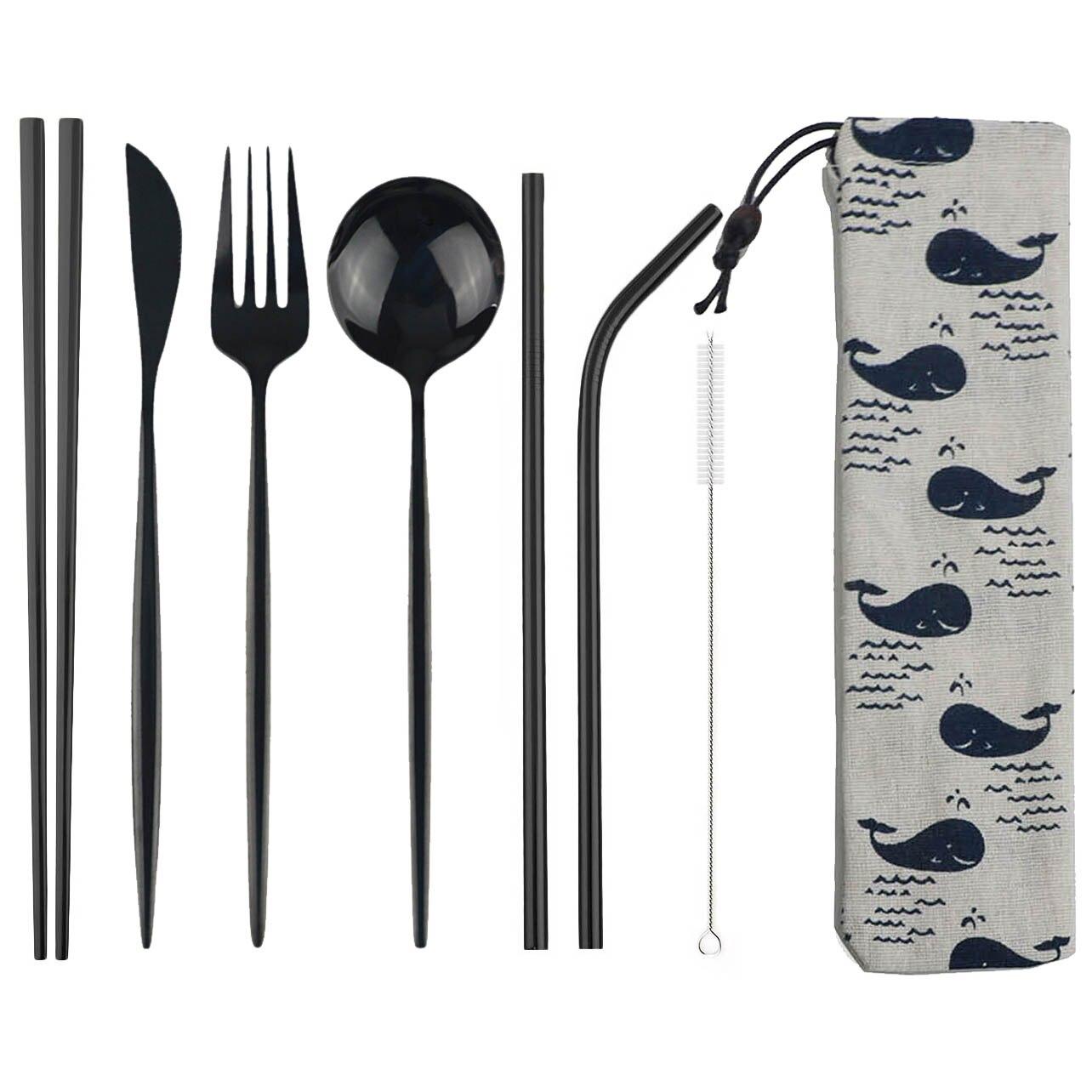 

8 шт., набор столовых приборов, портативный дорожный синий набор столовых приборов, нож из нержавеющей стали 304, вилка, ложка, палочки для еды, соломенное серебро с чехлом чёрный