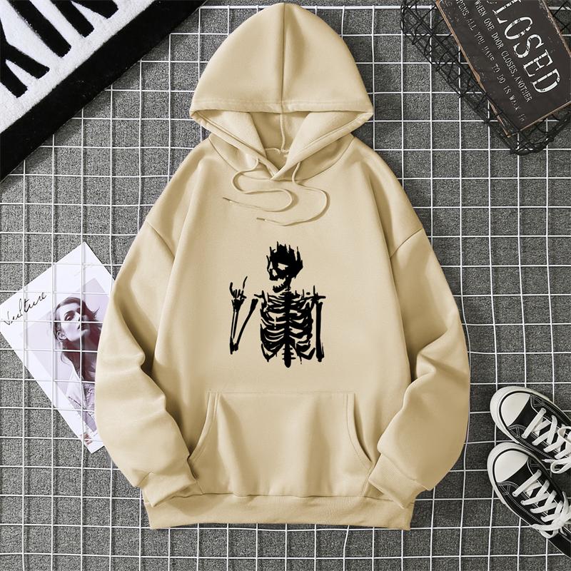 Retro Skull Print Hoodie Women's Fashion Hip Hop Loose Sweatshirt Cat Casual Sweatshirt Pocket Fleece Harajuku Streetwear
